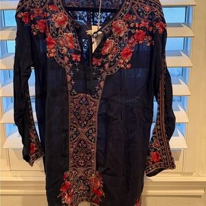 Johnny Was Midnight Blue Tunic with Scarlet Embroidery